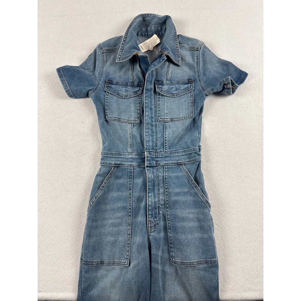 Aerie Denim Utility Jumpsuit Medium Wash Zip Front Short Sleeve XXS NEW